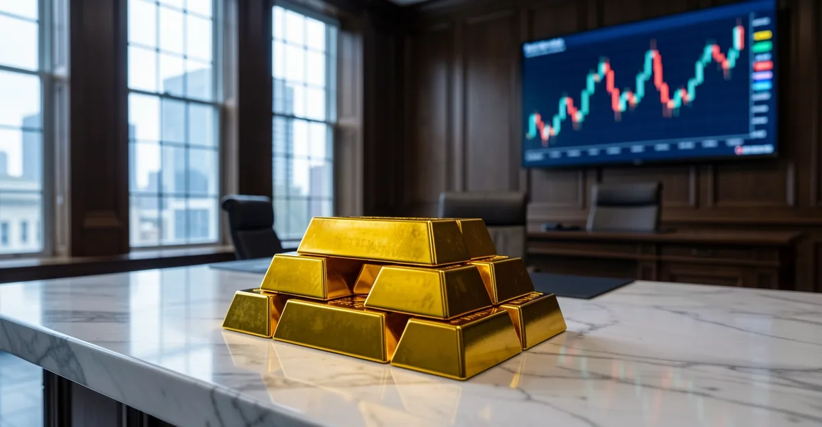 Gold bullion bars on a marble desk in a central bank boardroom with blurred charts behind