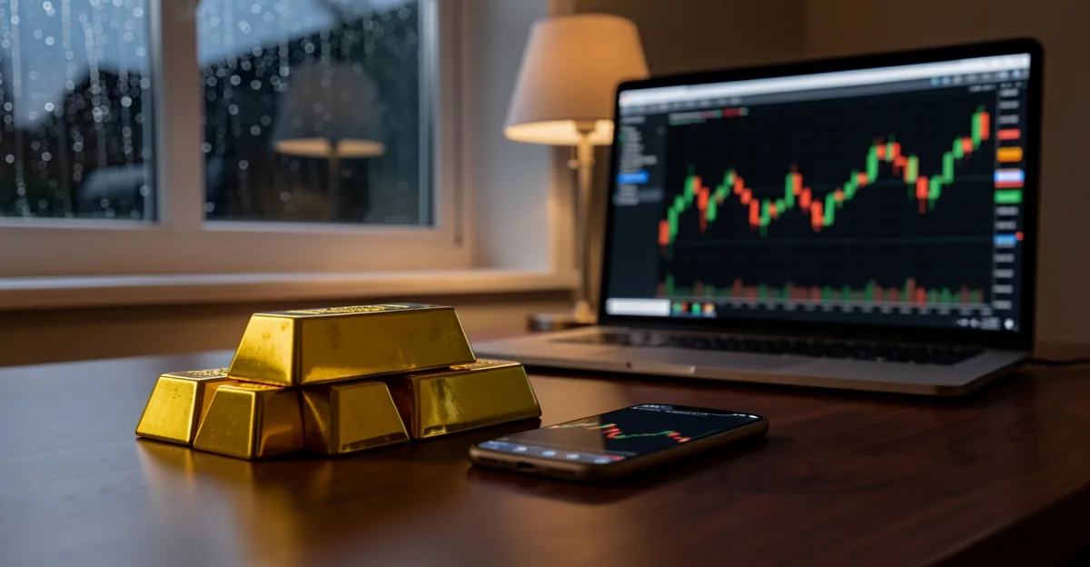 Gold bullion bars beside a phone and blurred trading charts on a desk at night