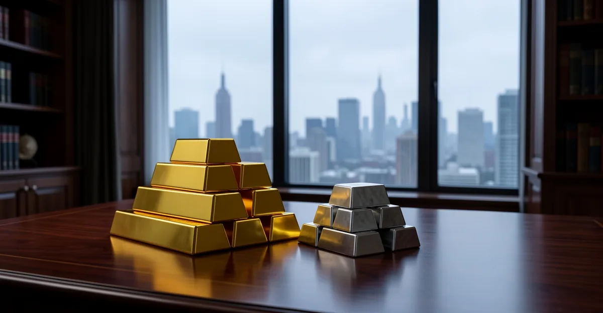 Gold bullion bars next to silver ingots on a dark desk by a dawn window