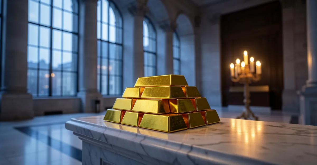 Gold bullion bars on a marble ledge in a bank hall with a blurred trading screen behind
